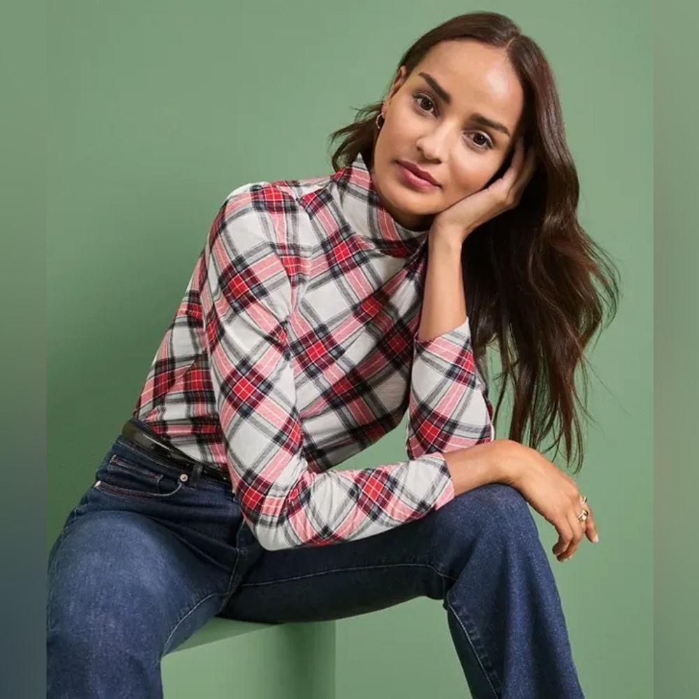 Plaid Puff Sleeve Mock Neck Top